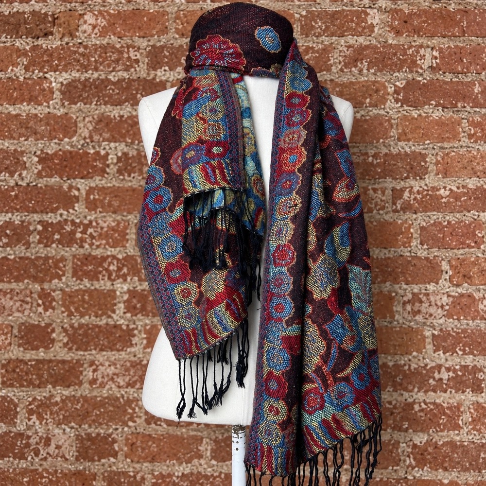 VTG Y2K Floral Scarf Multi Color Viscose Wrap Festival Boho Fall Layering